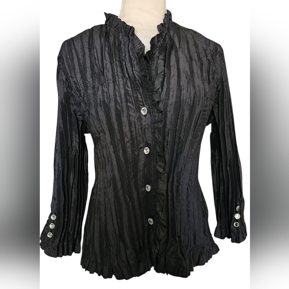 Vintage Y2K Agora Black Metallic Crinkle Rhinestone Button Down Blouse Women's L - Picture 1 of 12